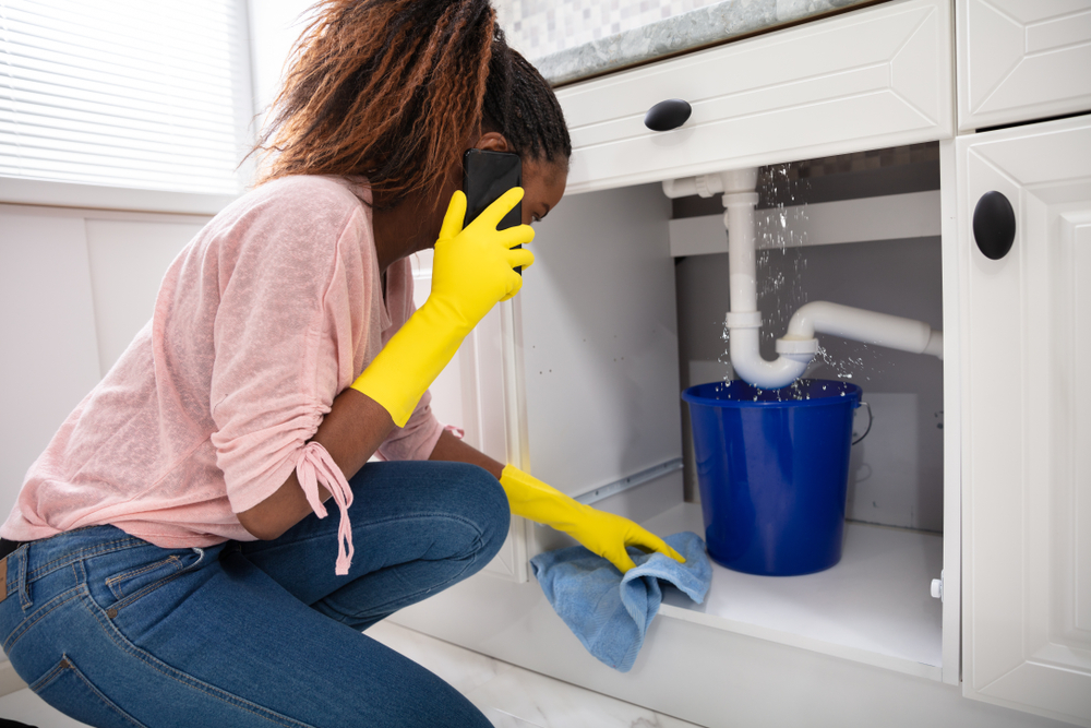 Close Up,of,a,young,woman,placing,blue,bucket,under,water